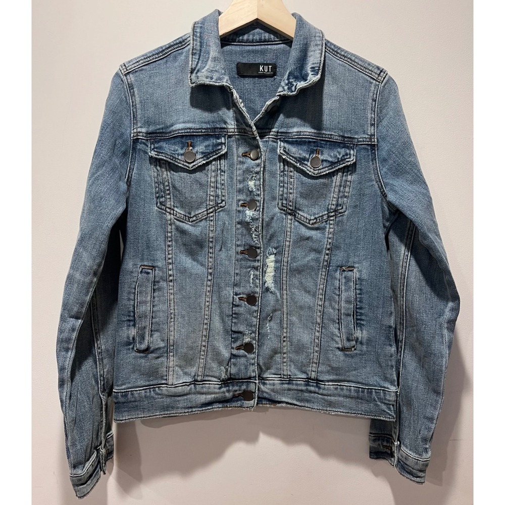 Kut From The Kloth Womens Denim Jacket Blue‎ Distressed Button Front Trucker S